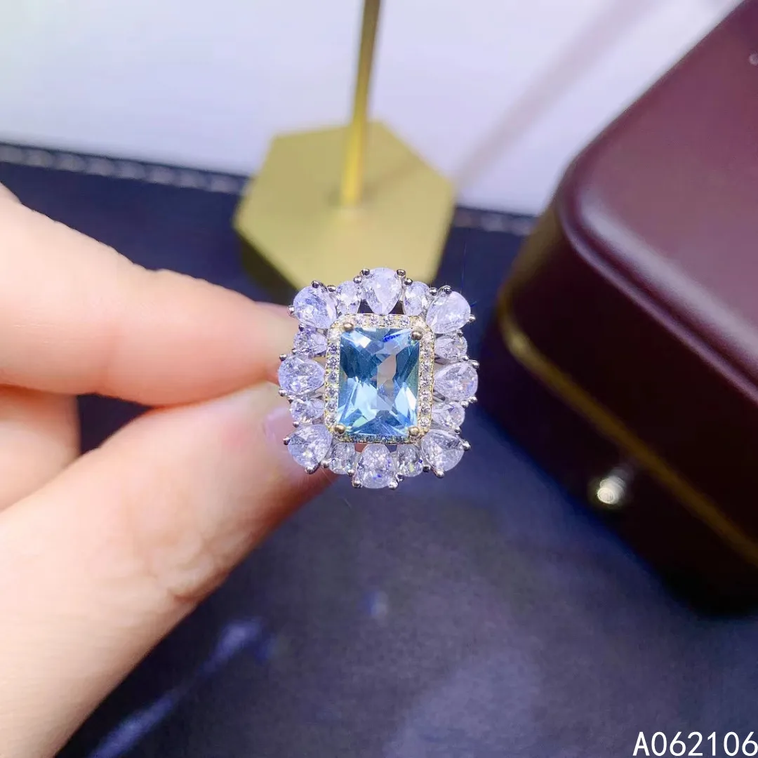 

925 Pure Silver Chinese Style Natural Aquamarine Women's Luxury Exquisite Rectangle Adjustable Gem Ring Fine Jewelry Support Det