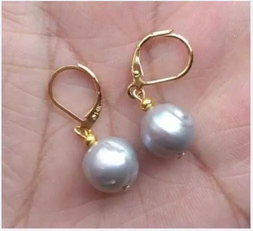 

HUGE11-12MM AAA ЮЖНОГО МОРЯ серый жемчуг барокко висячие серьги 14k/20 золото