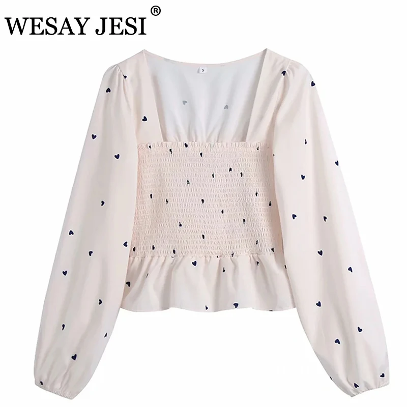 

WESAY JESI 2021 Summer New Women's Top Printed Square Collar Trumpet Sleeve Long Sleeve Short Top Retro Fashion Temperament Top