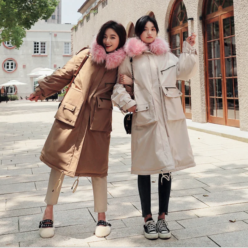 

new style womens coats long autumn winter long fur cotton fashion pure color leisure thick comfortable casual pink down jacket