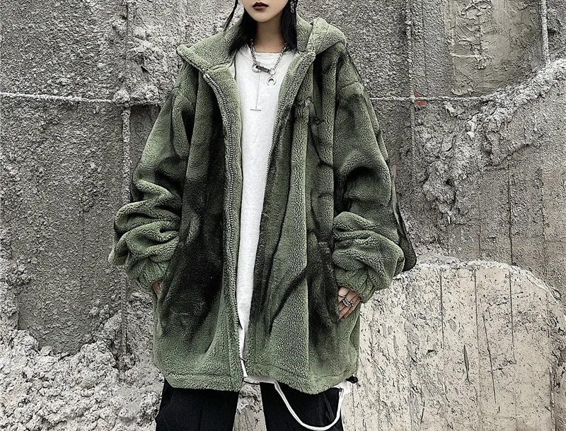 Winter Korea Ins Tide Tie-dye Loose Hooded Cardigan Men/women Lambskin Short Velvet Warm Coat Fashion Casual Street Clothing