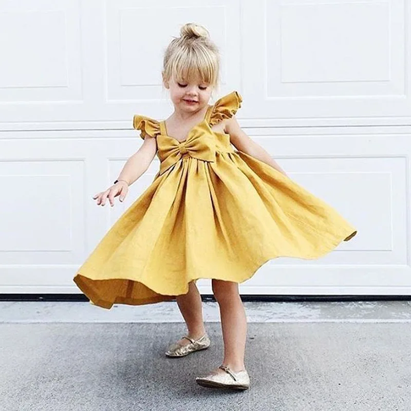 

Girls Flying Sleeve Bowknot Princess Dress Summer Toddler Baby Kid Sleeveless Casual Sweet Party Dresses Sundress Vestido WT692