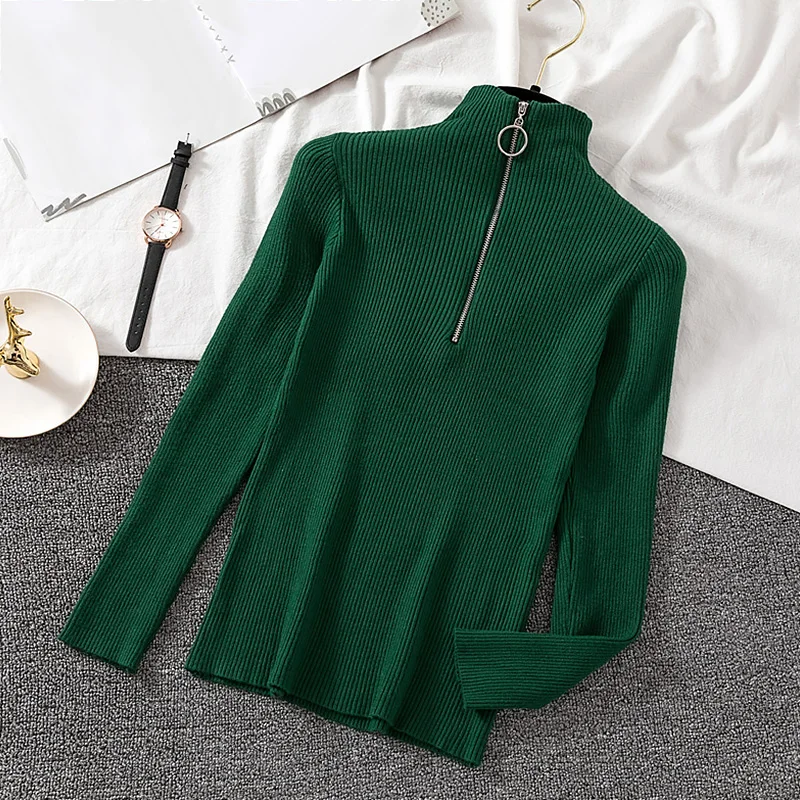 Свитер с круглым вырезом на молнии Женская однотонная облегающая осенне-зимняя