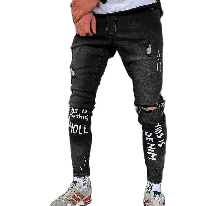 

Оптовая продажа 2022 мужские черные джинсы с принтом потертые Стрейчевые повседневные облегающие мужские брюки с небольшими штанинами каран...