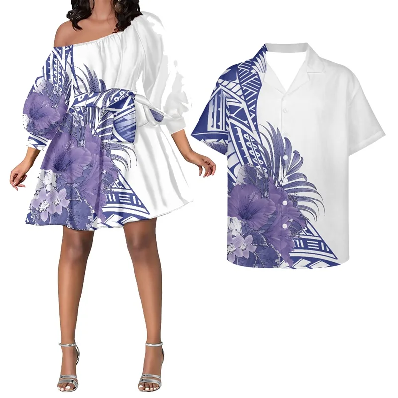 

HYCOOL White Day Puff Sleeve Mini Summer Dresses For Women Lady Elegant Polynesian 2pcs Couple Clothes Purple One Shoulder Dress