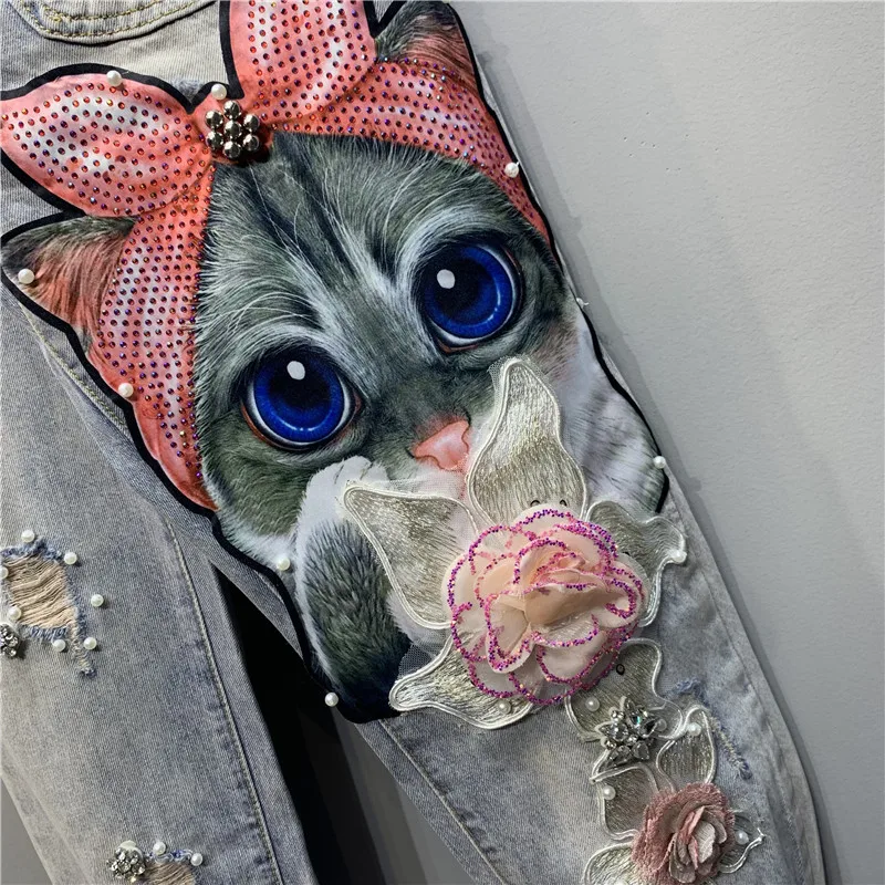 

BabYoung Fashion Heavy Work Beaded Sequins Jeans Flower Cute Kitten Hole Denim Jumpsuit Cartoon Strapless Overalls Pants