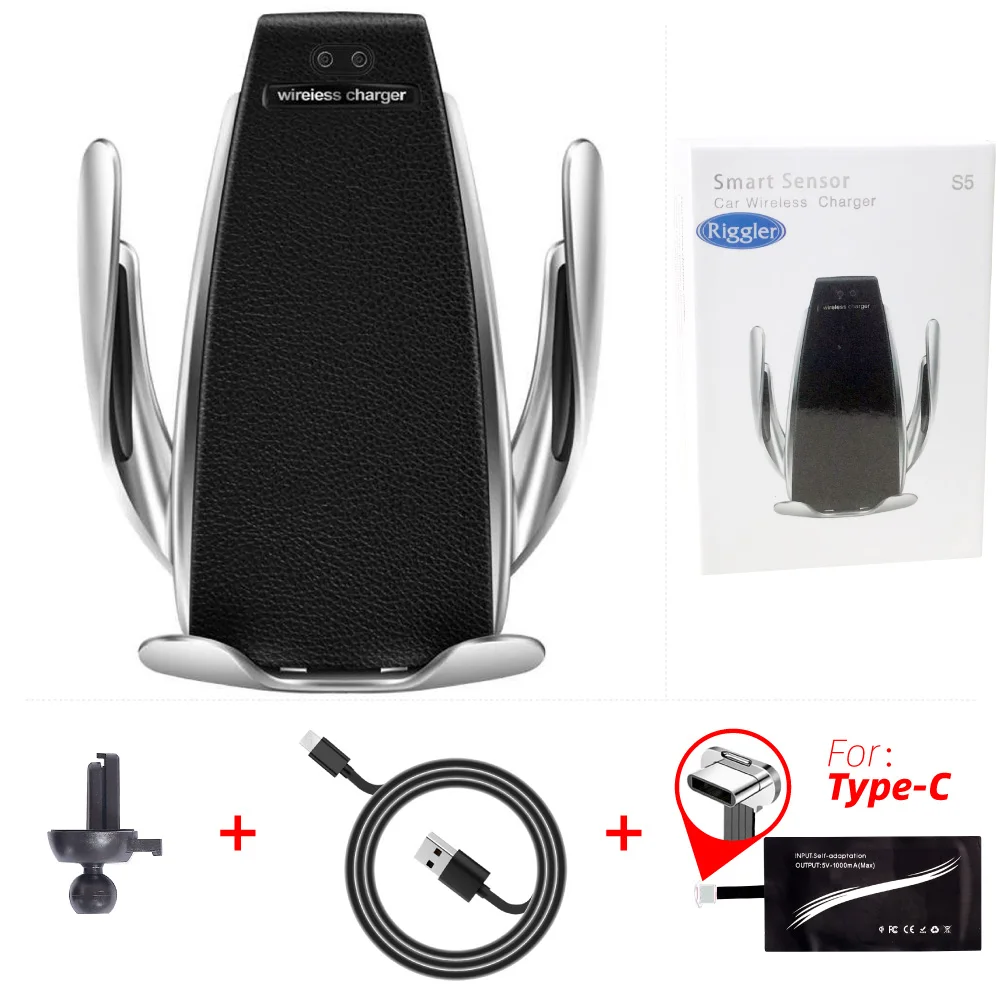 Black for typeC Умный датчик S5 автомобильное крепление авто зажим Беспроводное зарядное устройство для iPhone XS XR samsung Note9 S10 S9 Qi 10 Вт быстрое зарядное устройство - Тип штекера: Black for typeC