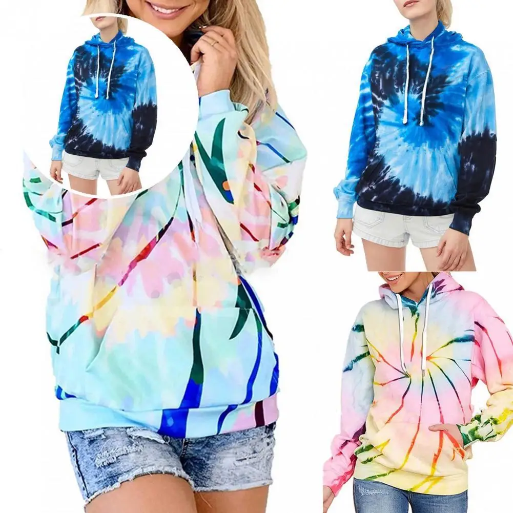 

Multicolor Autumn Winter Tie Dye Print Large Pocket Hoodie for Fitness