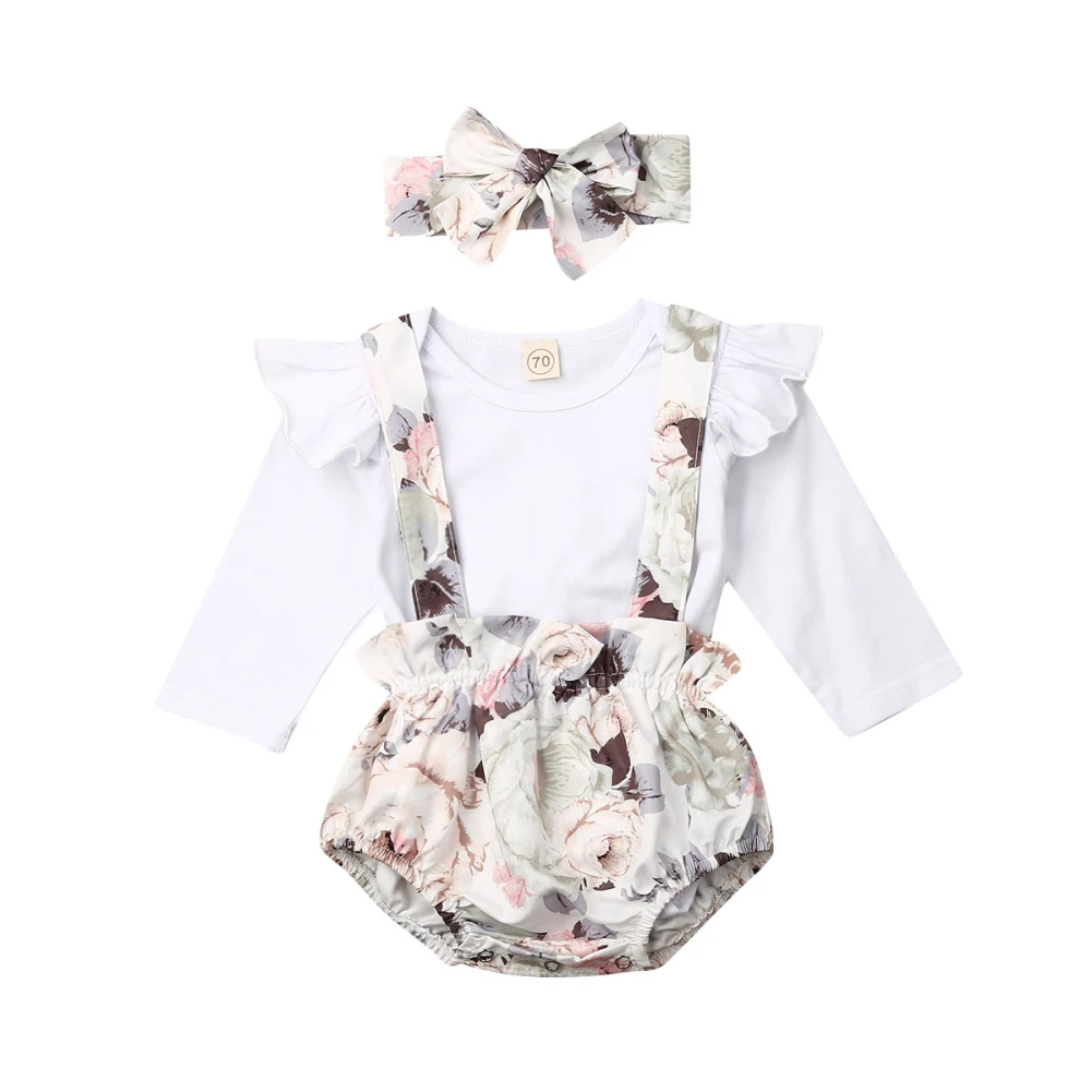 

Newborn Baby Girl Clothes Solid Color Long Sleeve Romper Tops Strap Flower Print Short Pants Headband 3Pcs Outfits Set for 0-24M