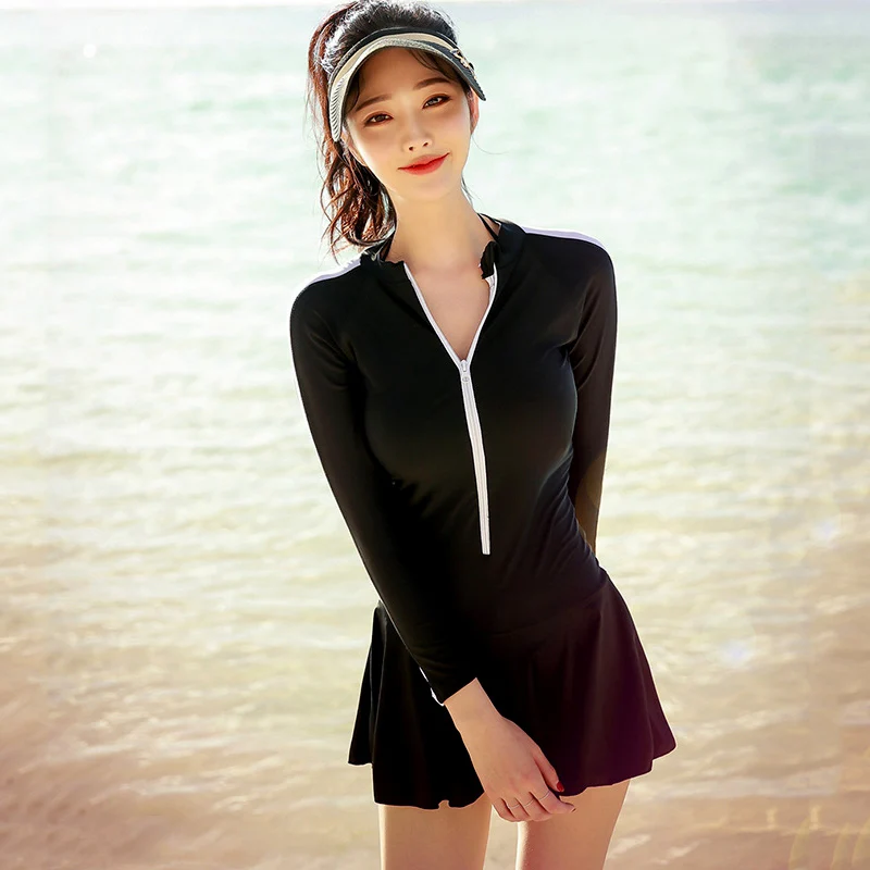 Женский черный купальник Цельный сексуальный с длинными рукавами пуш ап юбка для