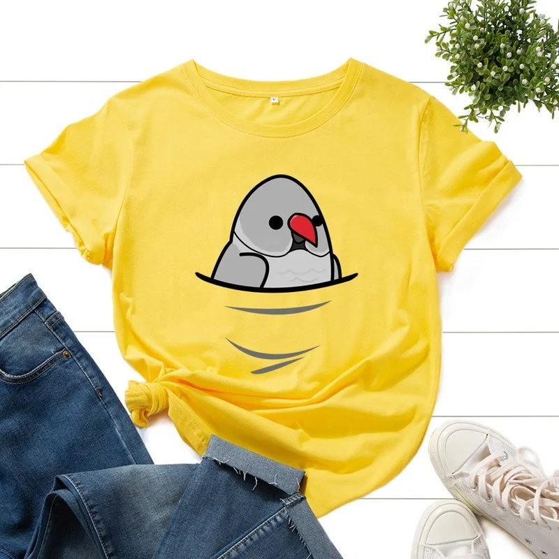 

Футболка женская летняя с коротким рукавом, Повседневная модная с принтом маленьких птиц, с графическим принтом, обычная уличная одежда с к...