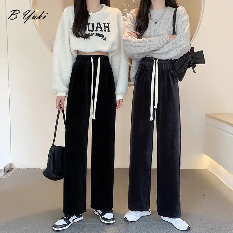 

Blessyuki Casual Plus Velvet Warm Cotton Wide Leg Pants Women Solid High Waist Corduroy Pants Female Loose Drawstring Trousers