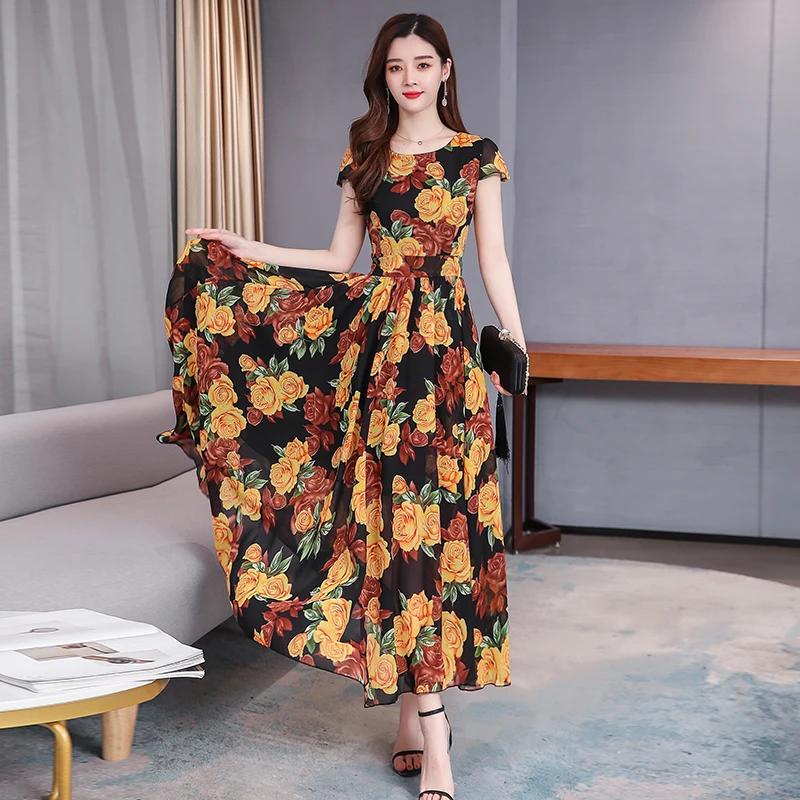 

Summer Vintage Maxi Dress Fashion Women Yellow Print Sexy Draped Thin Chiffon Boho Tropical Party Elegant Runway Dresses Vestido