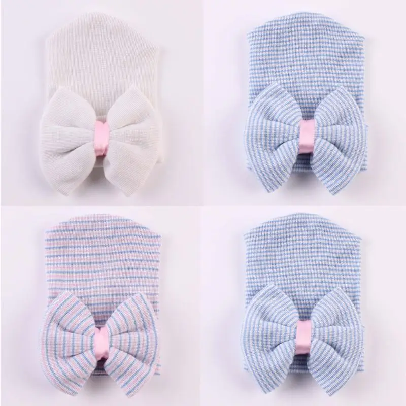 

4 Pack Newborn Hospital Hat Toddler Beanie Baby Boys Girls Knot Headbands with Big Bows Infant Baby Nursery