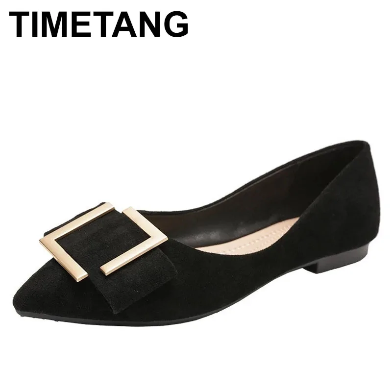 

TIMETANGplus casual pointed toe flat shoes woman autumn metal buckle bow soft sole shallow flock loafers comfy breathable egg ro