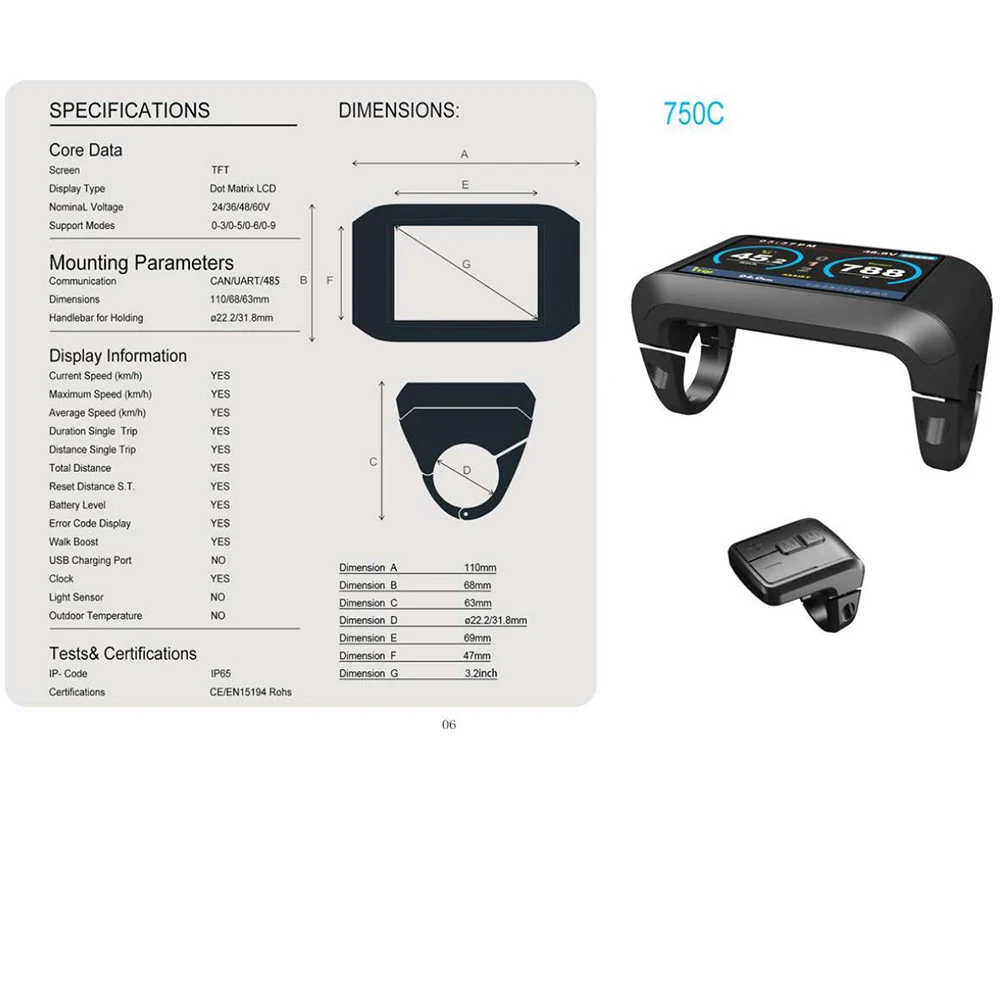 

E-Bike Bluetooth 750C LCD Display Indicator For Bafang Mid Motor BBS01 BBS02 BBSHD Electric Bicycle 36V 48V 52V 60V Conversion