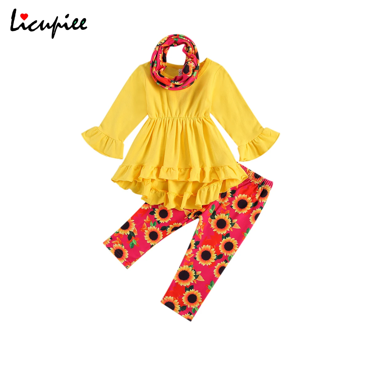 

Топ для маленьких девочек, костюм с цветочными брюками, рубашка с круглым вырезом и длинным рукавом с оборками, теплый широкий шейный платок...