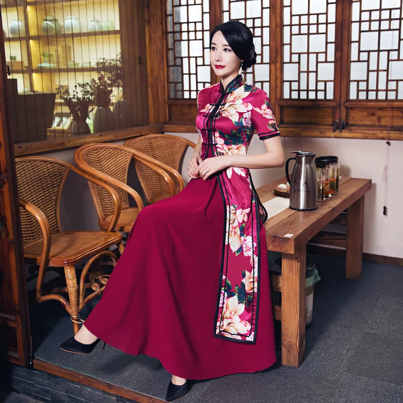 

Lady Elegant Mandarin Collar Novelty Cheongsam Purple Flower Print Vintage Long Qipao Sexy Slim Chinese Traidional A-Line Dress