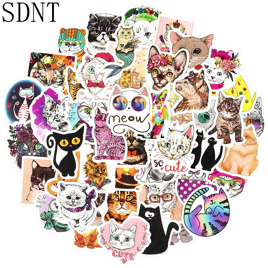 Pegatinas de gato Kawaii de dibujos animados para ni&ntilde;os, 50 Uds., calcoman&iacute;a de Animal, juguete de regalo para ni&ntilde;os, Maleta, bicicleta, coche, pegatina impermeable para ordenador port&aacute;til-0