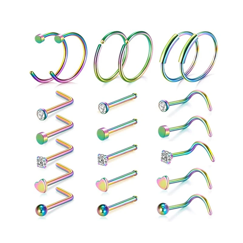 

5/21Pcs/Set Nose Studs Surgical Steel Nostril Studs Charms Screws Nose Ring Hoop Body Piercing Jewelry Golden Heart Nose Stud