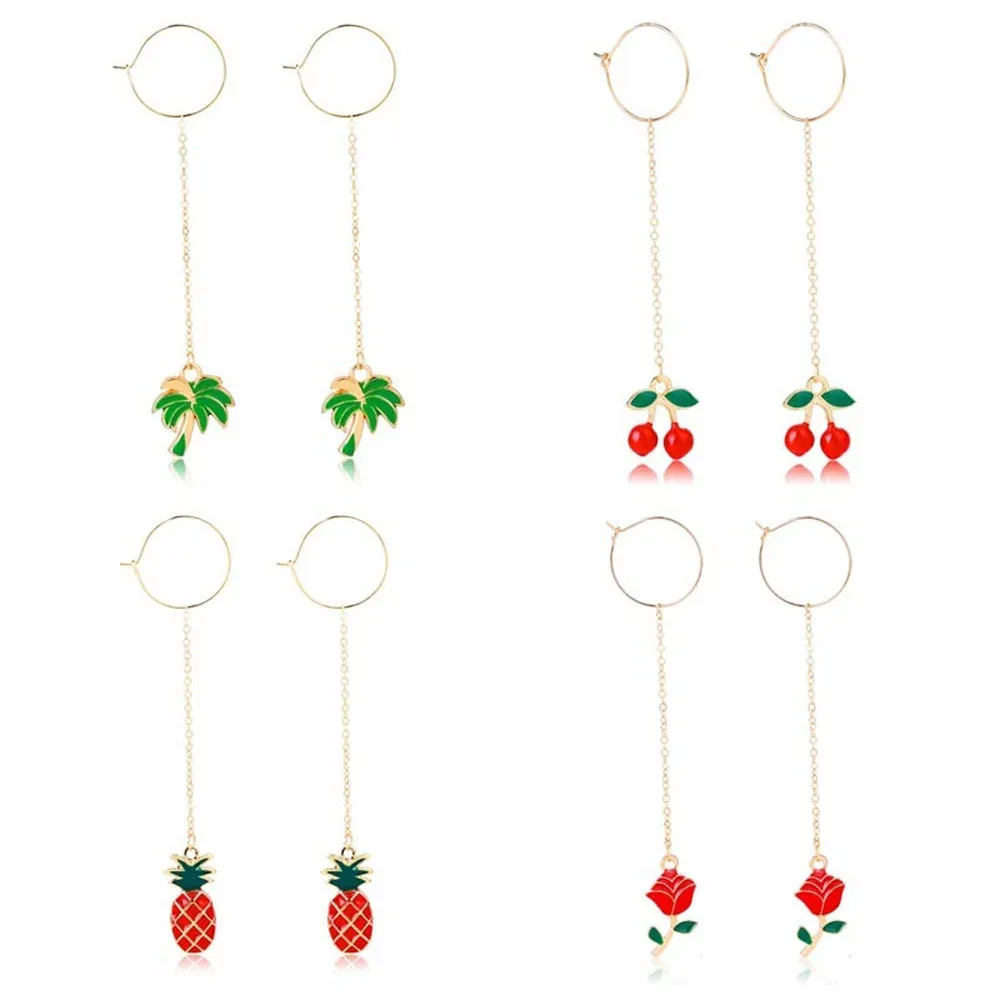 Cute Dangle Earrings for Women Girl Tree Rose Fruit Cherry Pineapple Long Chain Drop Charm Jewelry Accessories 1 Pair | Украшения и
