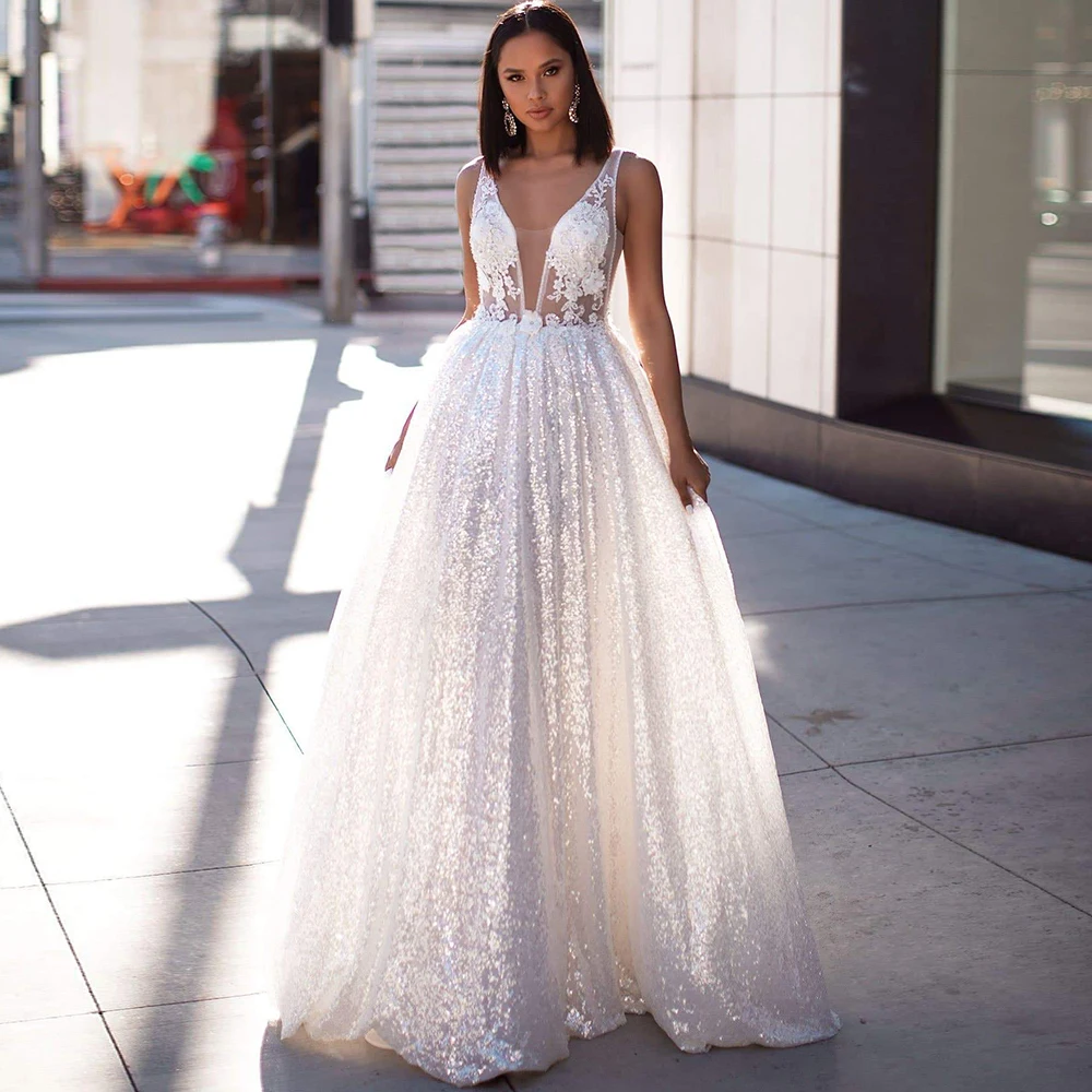 

Charming A-Line Wedding Dress V-Neck Appliques Lace Beading Crystal Sleeveless Tulle Backless Complex Custom Made Robe De Mariée