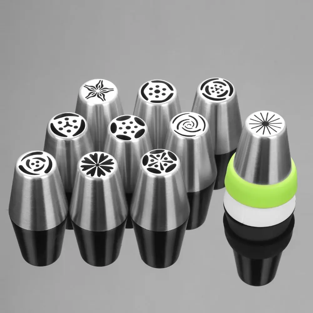 10pcs Cake Decor Piping Nozzle Set Russian Style Fashion Tips Stainless Steel Pastry Cup Big Converter Tools for Party Kitchen