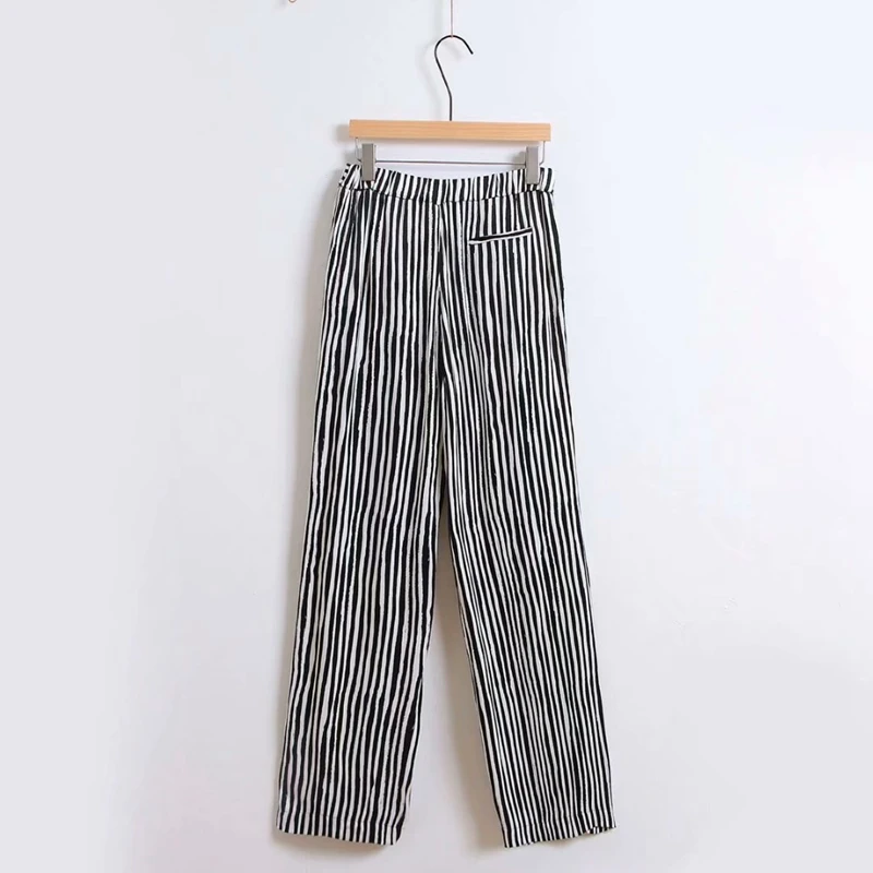 

Spring Long Blouse Sets Women Two Piece Long Pants Outfits V neck Long Sleeves With Sash High Waist Striped Pants Sets XZ2188