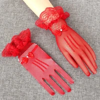 1pair sexy stretch red mesh fishnet summer gloves women lace mittens full finger cycling dance bride hand gloves wife gift