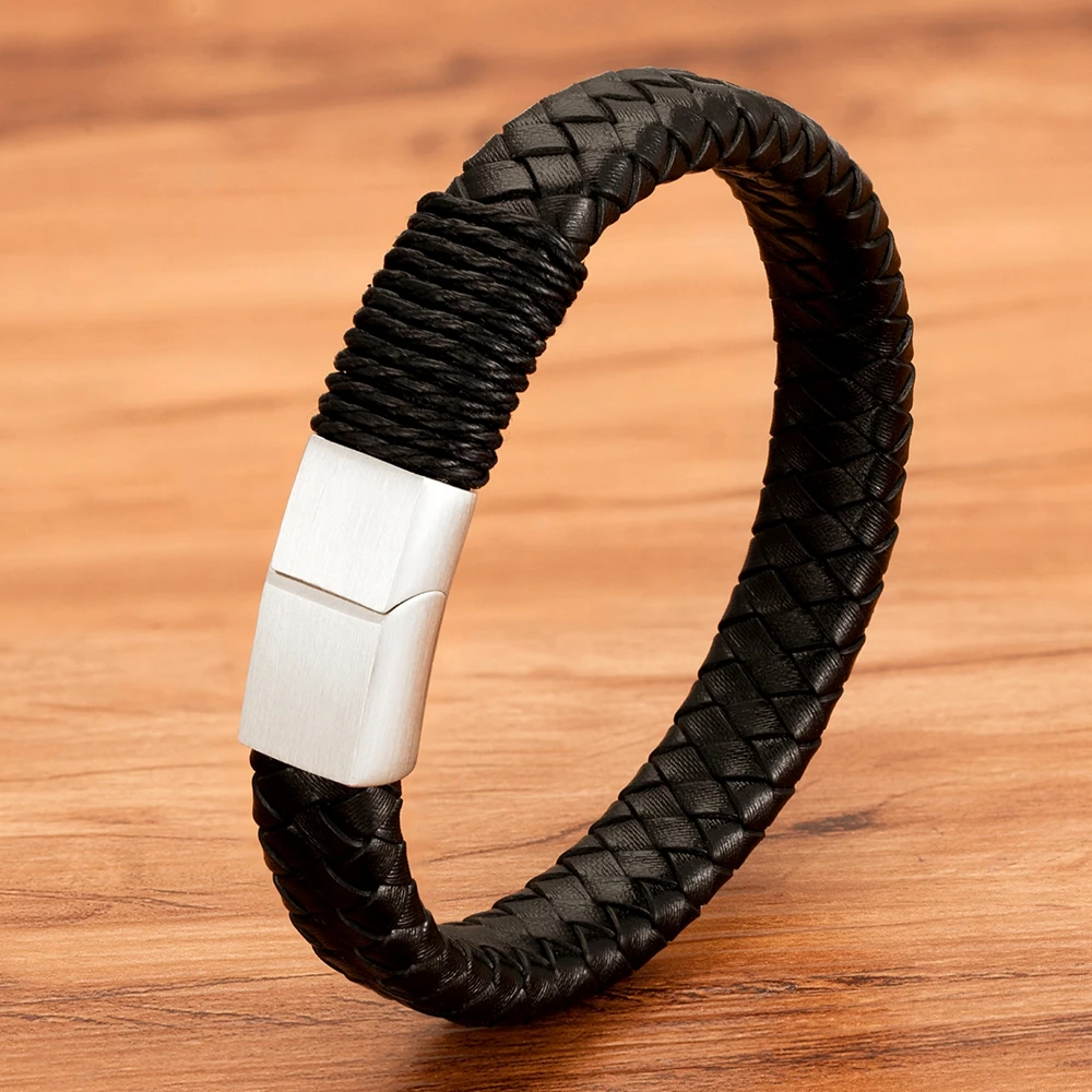 TYO классический плетеный кожаный мужской браслет из нержавеющей стали с