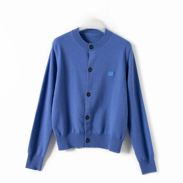 

2021 Autumn Women O-Neck Square Smiley Knit Cardigan Single-Breasted Ladies Long Sleeve Knitwear Sweater Outwear Top