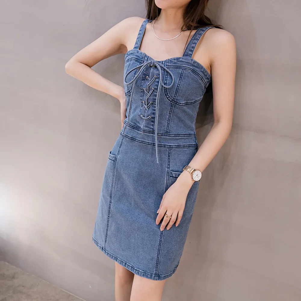 

New Summer Women Strap Dresses Casual Stretch Slim Bandage Sexy Over Hips Pockets Slip Jeans For Females Vest Denim One-Piece