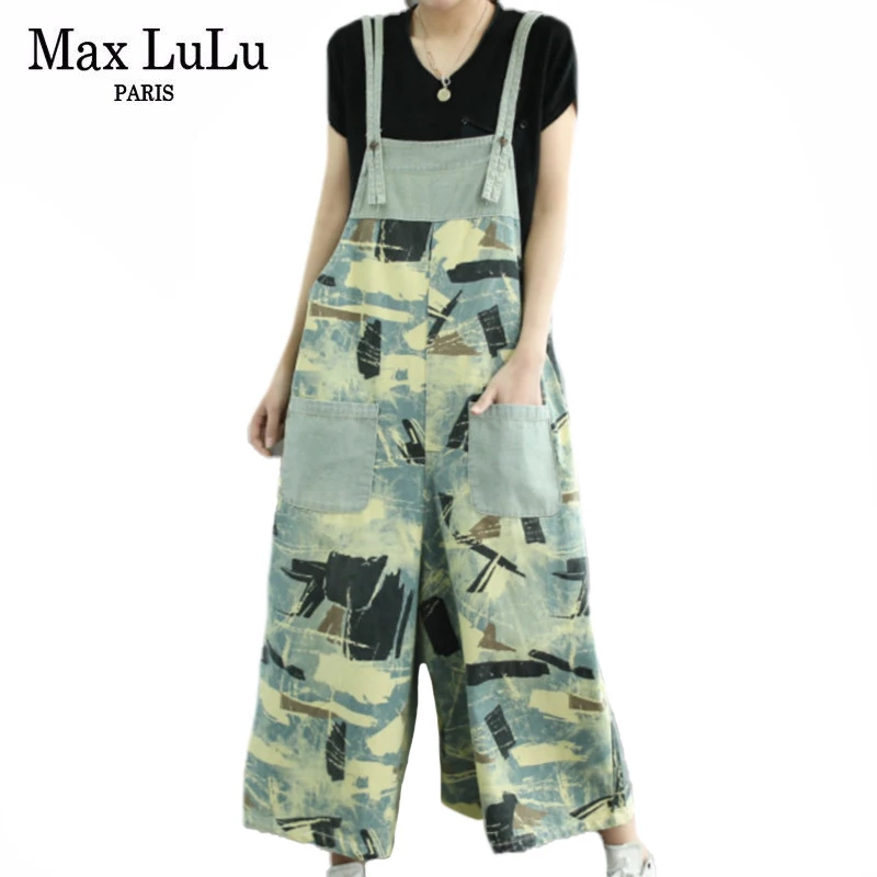 

Max LuLu Korean New Fashion Style Spring Womens Vintage Denim Overalls Ladies Printed Loose Harem Pants Female Oversized Jeans