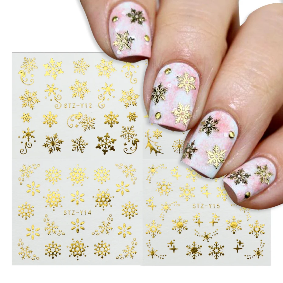 Золотые и серебряные наклейки для ногтей на Хэллоуин Набор цветных снежинок