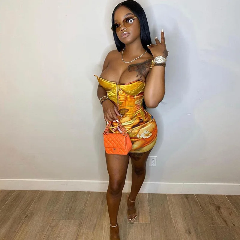 

Sexy Print Women Two Piece Set Skinny Strapless Shirt And Mini Dress Streetwear Party Night Clubwear Summer Clothes For Women