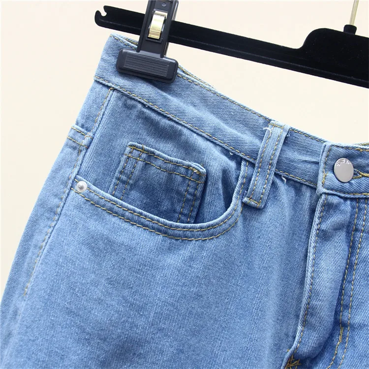 Женские джинсы прямые узкие брюки с высокой талией рваные для мам свободные