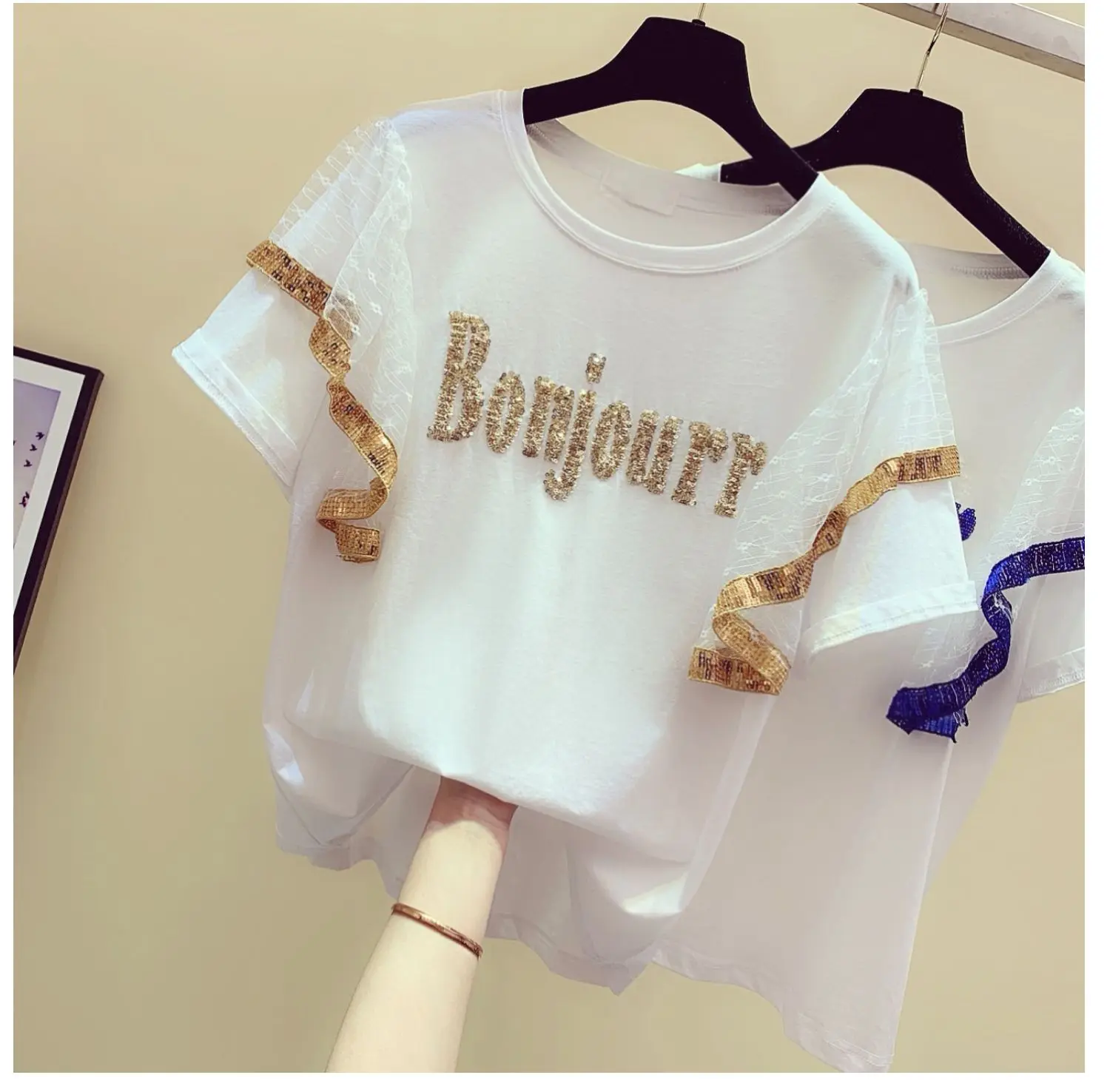 

2021 Summer Sequined Lace Stitching Sleeves Basic Tee Short-Sleeved Cotton T-shirt New Korean Style Loose Female Top