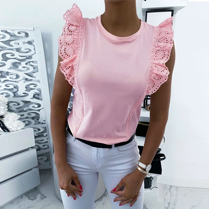 

Fashion Sexy Round Neck Solid Color Petal Sleeve Skinny Women Blouse Sexy Tops and Shirt Summer Tops Women Shirt