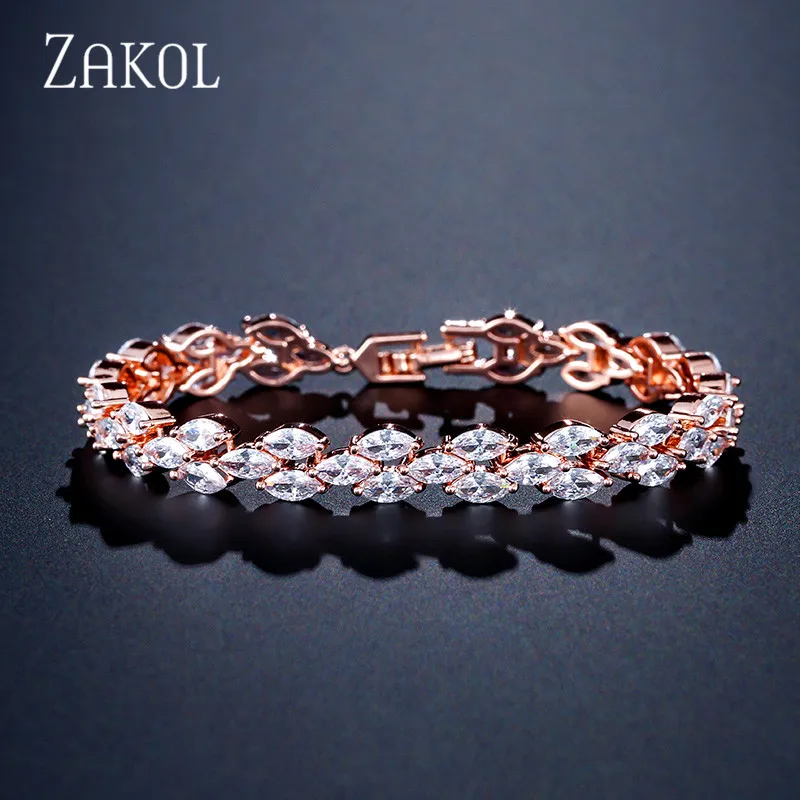 Rose Gold Модные свадебные браслеты в римском стиле от бренда ZAKOL, прозрачные браслеты и браслеты в виде листа из кубического циркония для женщин, вечерние браслеты FSBP130 - Окраска металла: Rose Gold