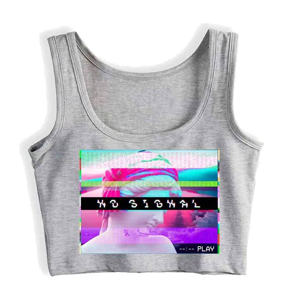 Кроп-топ Vaporwave без сигнала Synthwave ретро с блестками искусство ТВ Юмор надписи Y2k