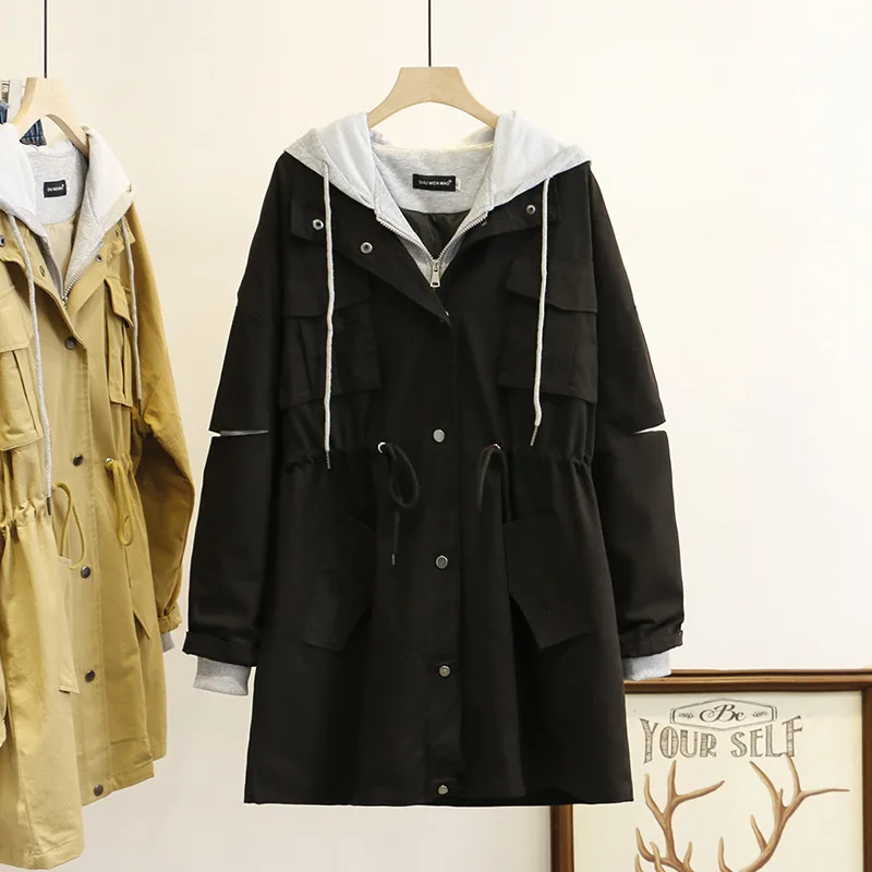 Женский весенний Тренч с длинным рукавом на завязках капюшоном молнии пальто