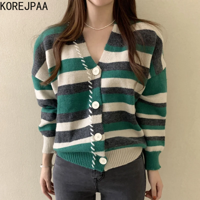 

Korejpaa Vintage Striped Cardigans Women Korea Chic Autumn Winter V-neck Color Contrast Long Sleeve Button Up Knitted Sweater