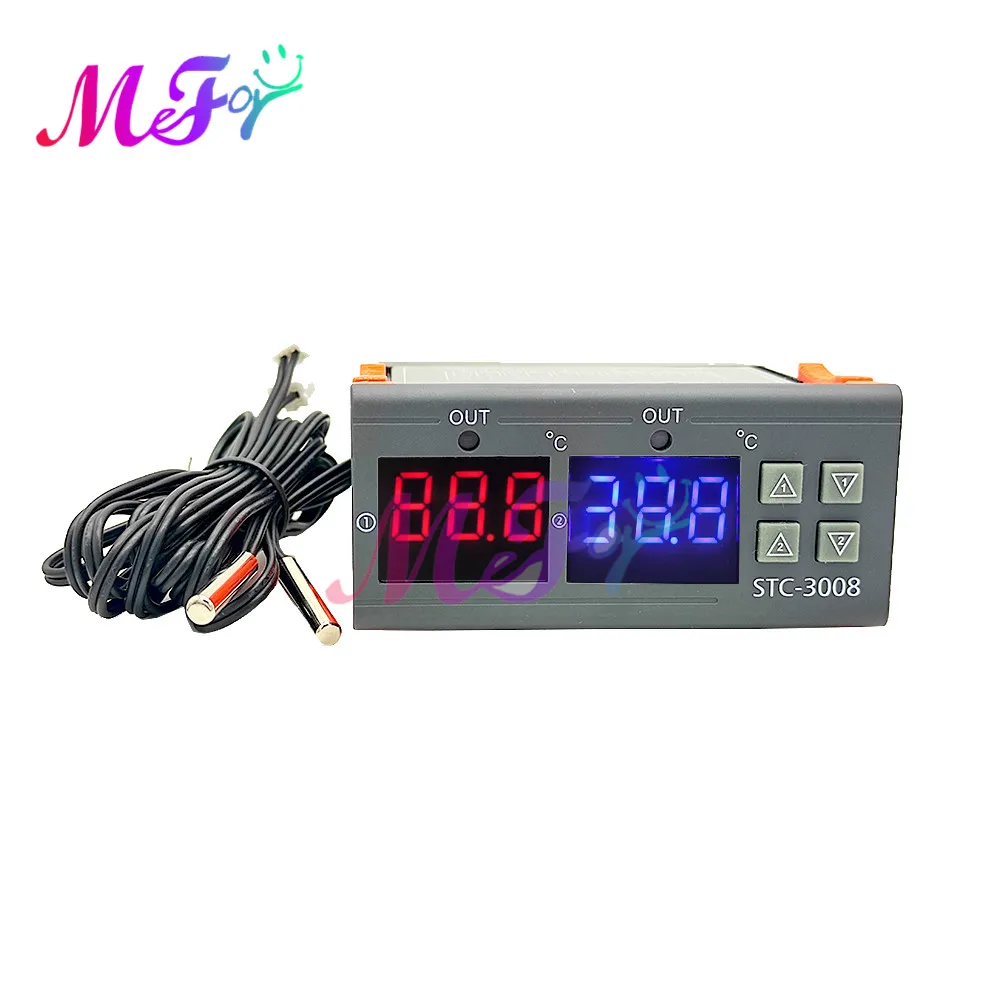 

Dual Digital Incubator Thermostat Temperature Controller 2 Probe Two Relay Output Thermoregulator 10A Heating Cooling STC-3008