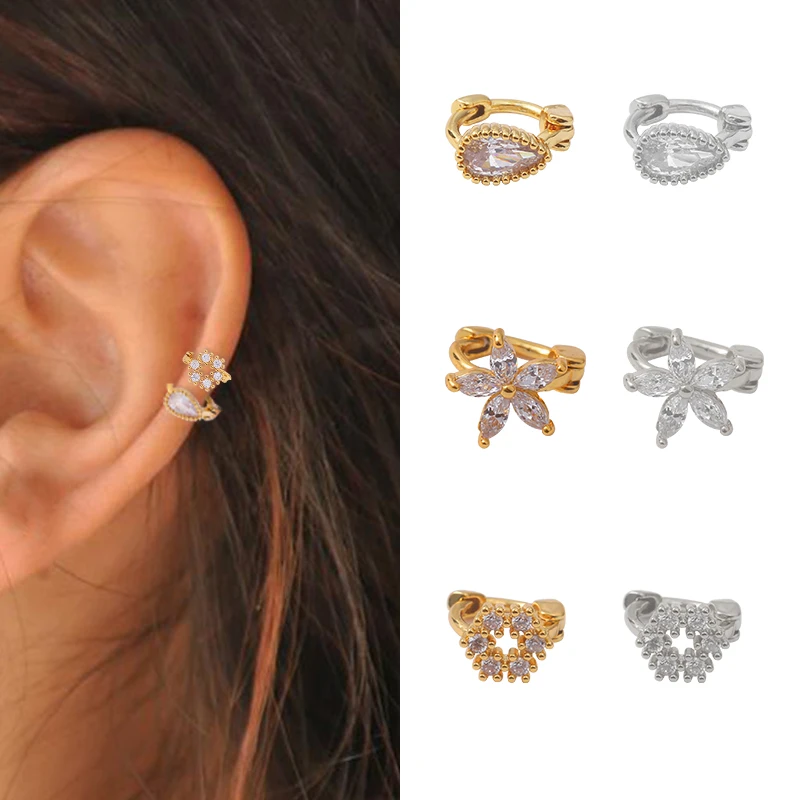 1 шт. Нержавеющая сталь небольшие серьги кольца Cz Надеваемые На ушной хрящ цветок