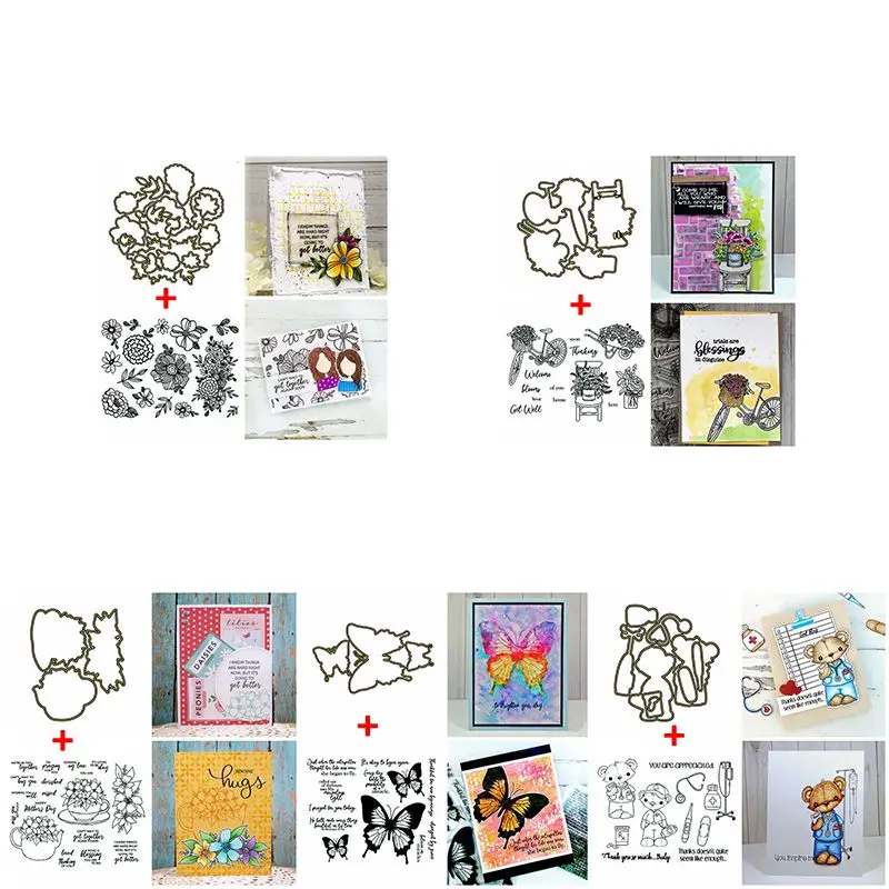 

Штампы металлические с цветами, велосипед, бабочки, медведь, кукла, с прозрачными штампами, Набор для творчества, скрапбукинга, создания открыток