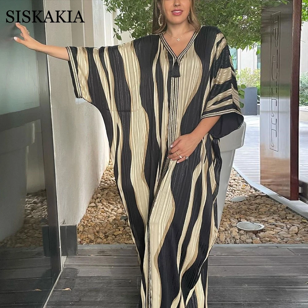 Женское платье с рукавом «летучая мышь» Siskakia Abaya, платье с v-образным вырезом и золотым тенселем, Марокканское платье Caftan Oman, арабское мусуль...