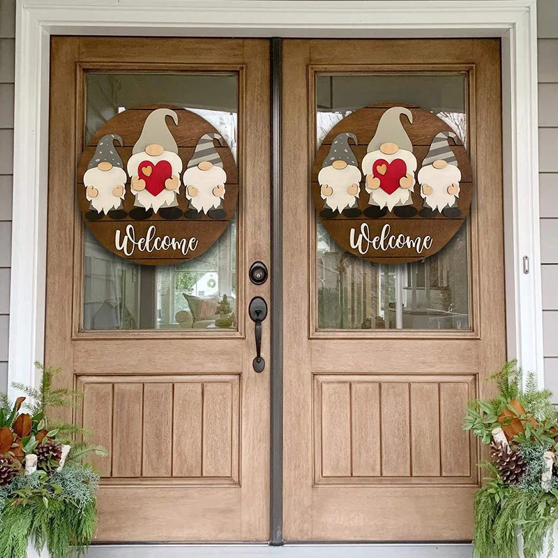 

Hot Triple Gnome with Heart Welcome Sign Front Door Hanger for Farmhouse Rustic Wooden Door Hangers Front Porch Decor DO