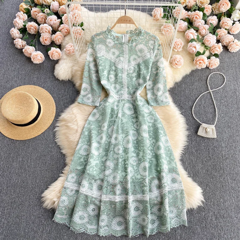 

Hollow Out Lace Dress Women Three Quarter Sleeve Stand Collar A Line Elegant Light Dresses 2021 Summer