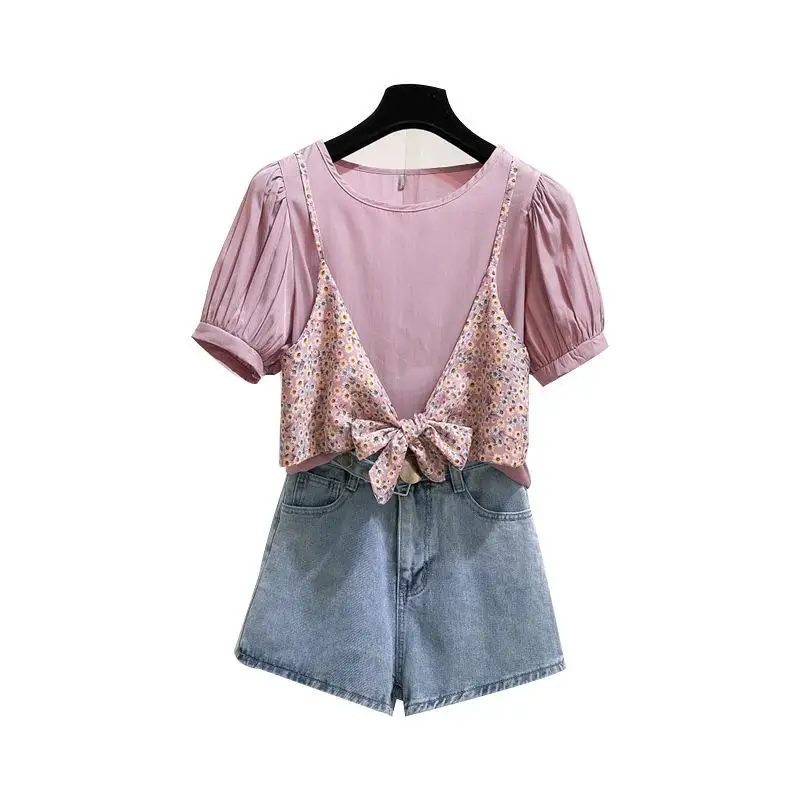 

ICHOIX Women 2 piece set jeans shorts summer outfits puff sleeve tops Korean style set clothes cute girl high waist shorts set
