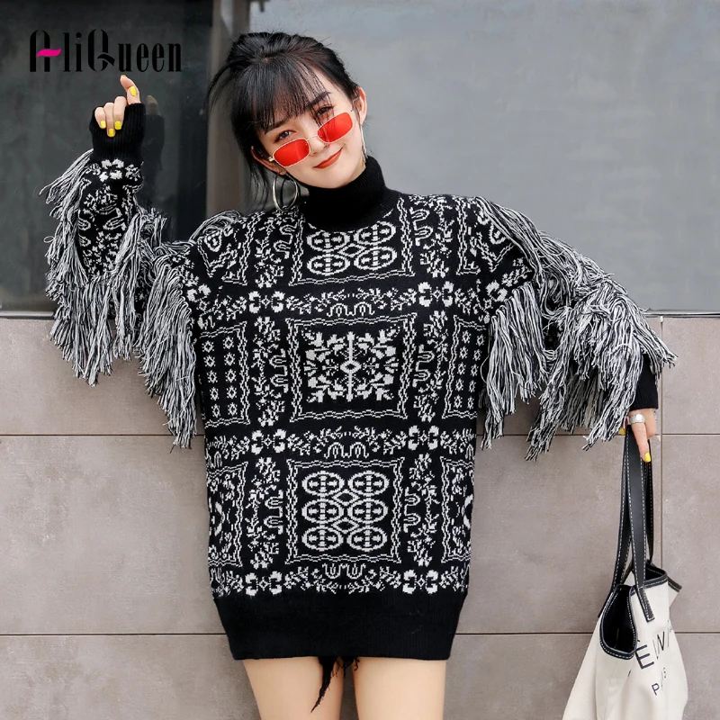 Женский трикотажный свитер с бахромой винтажный пуловер составного кроя высоким